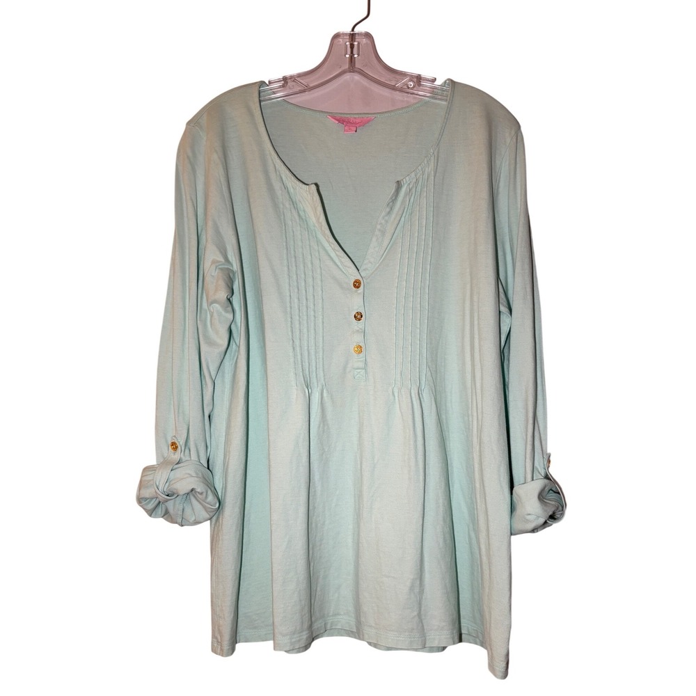 Lilly Pulitzer Tunic Top Womens XL Mint Green Pima Cotton Pintuck Roll Tab 95769